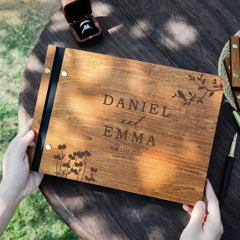 Wooden Cover Guest Book with Custom Name Engraving for Weddings & Events