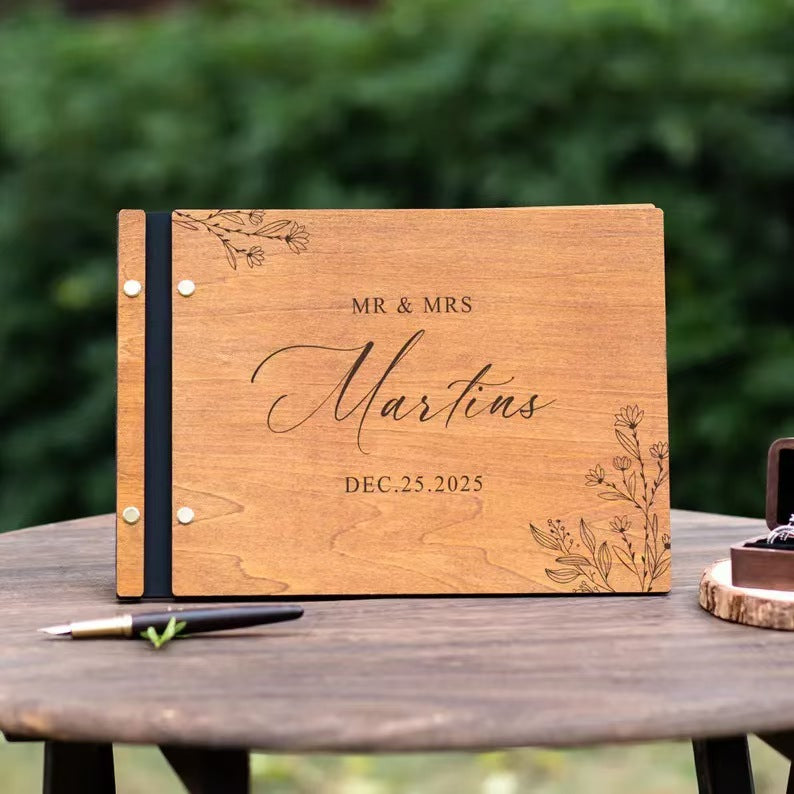 Wooden Cover Guest Book with Custom Name Engraving for Weddings & Events